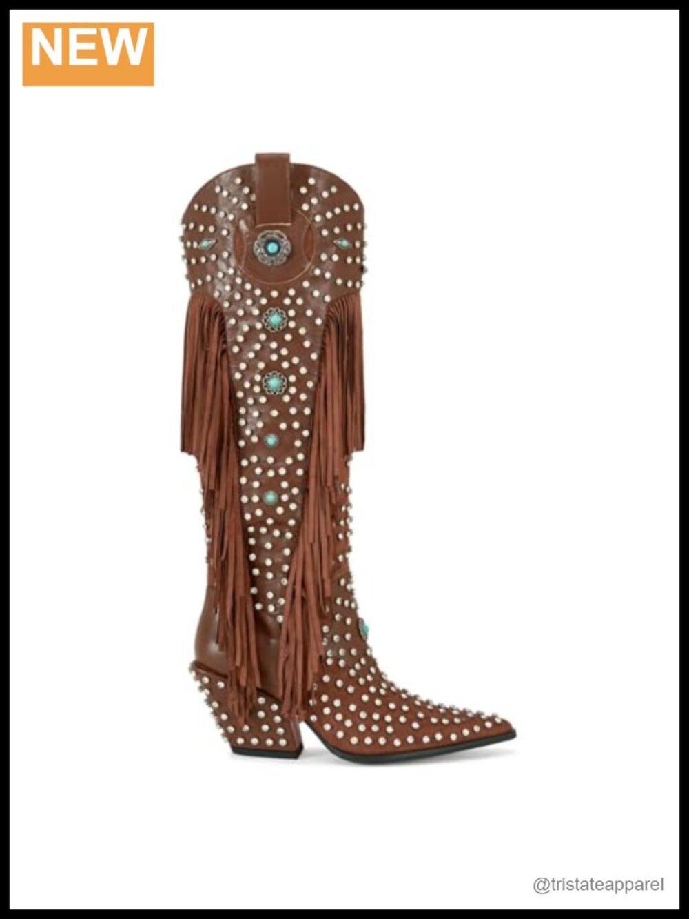 Fringe Knee High Cowgirl Boots Wide Calf Chunky Heel Turquoise Studded Faux